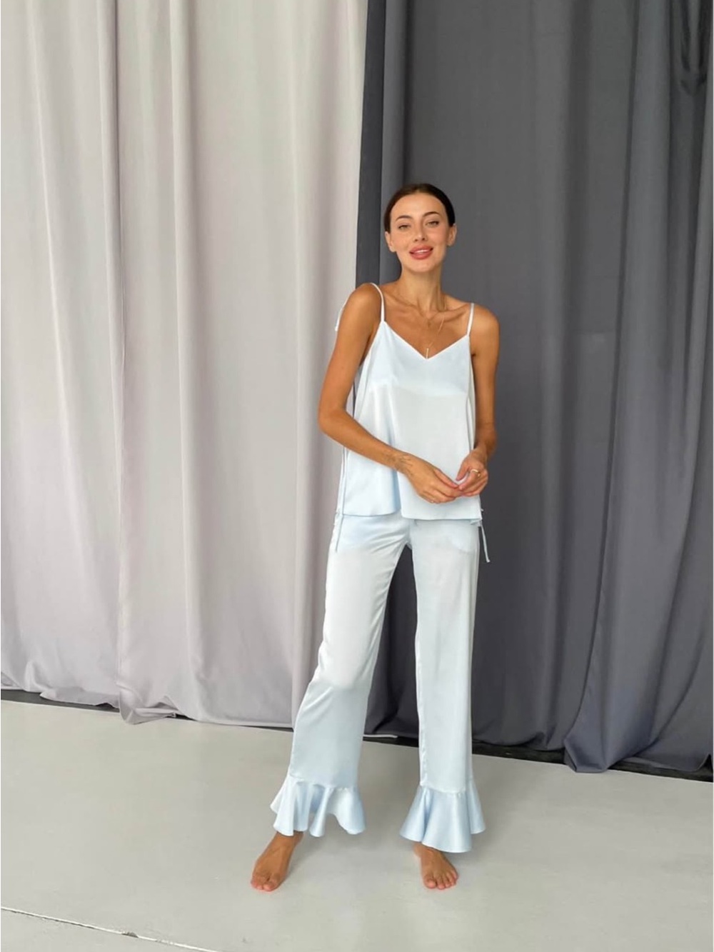 Women's White Satin Wide-Leg Pajama Set with Ruffle Hem
